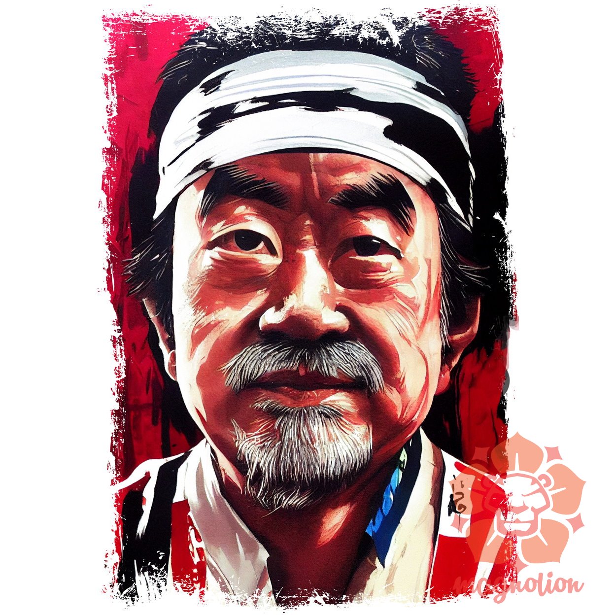 Fekete-piros Mr Miyagi rajz egyedi póló 