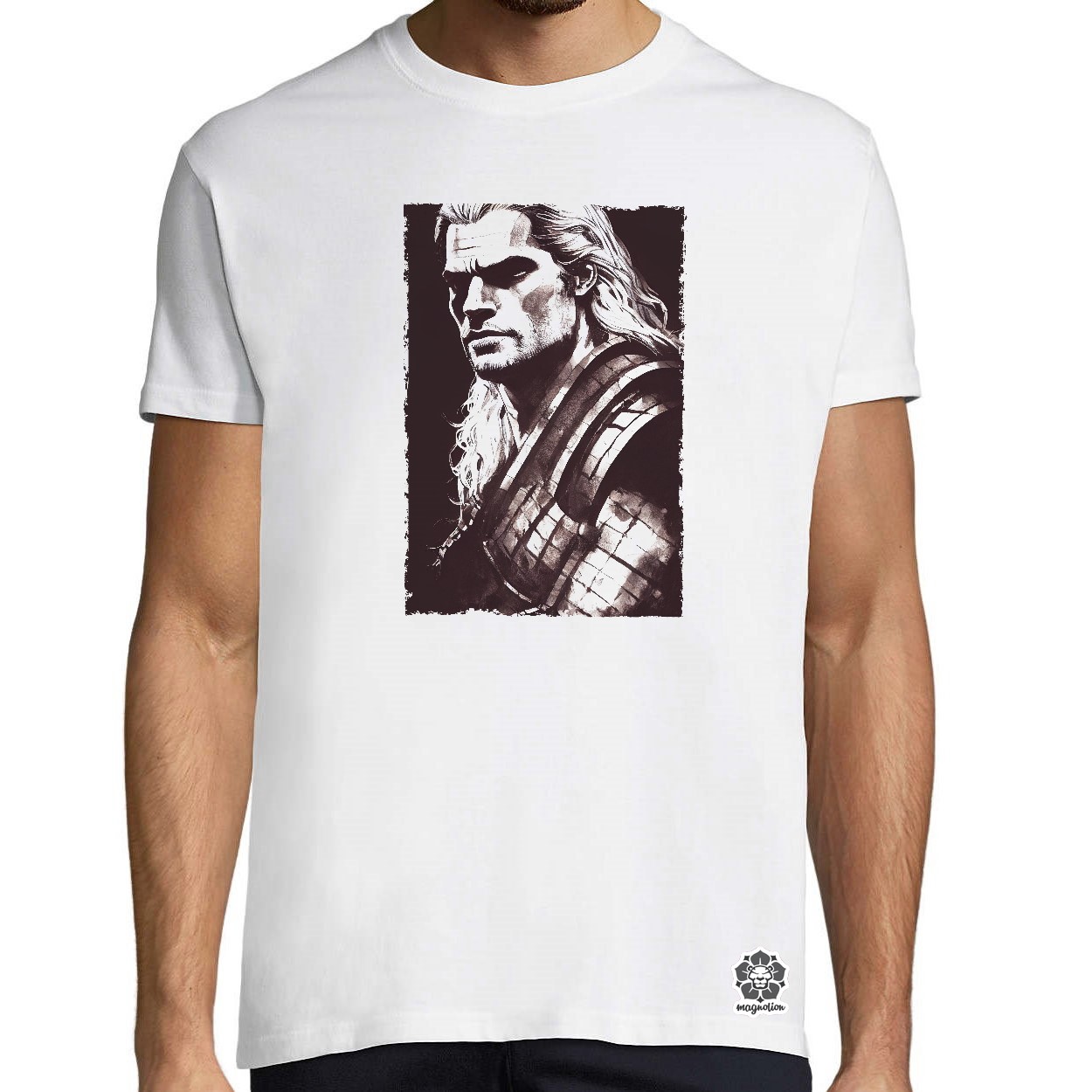 Fekete-fehér Geralt rajz egyedi póló 