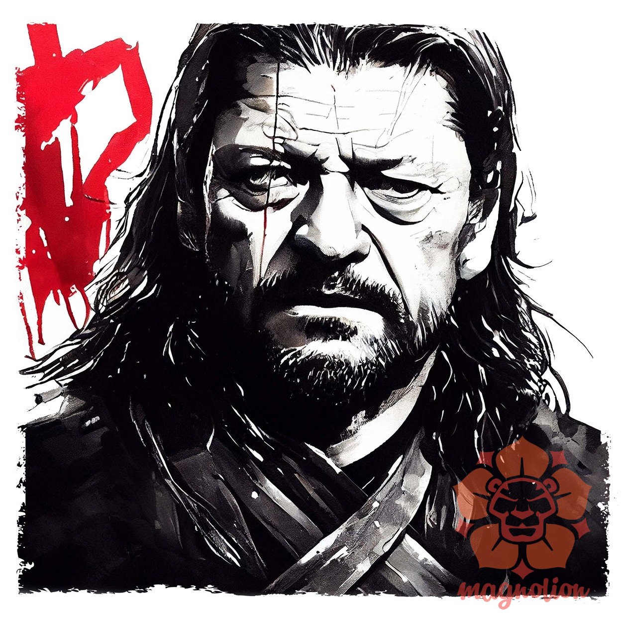 Fekete-piros Eddard Ned Stark rajz v2 egyedi póló 