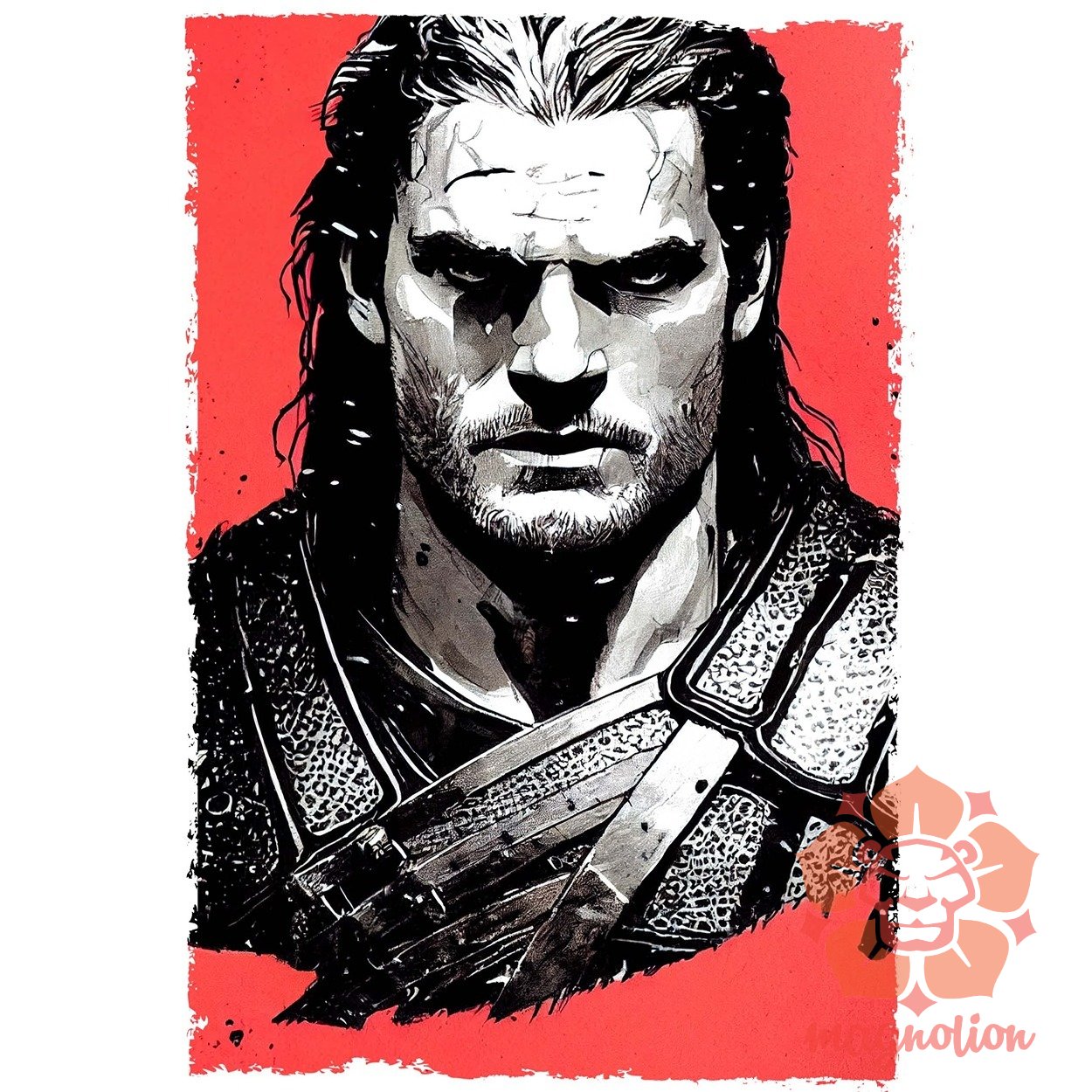 Fekete-piros Geralt rajz egyedi póló 