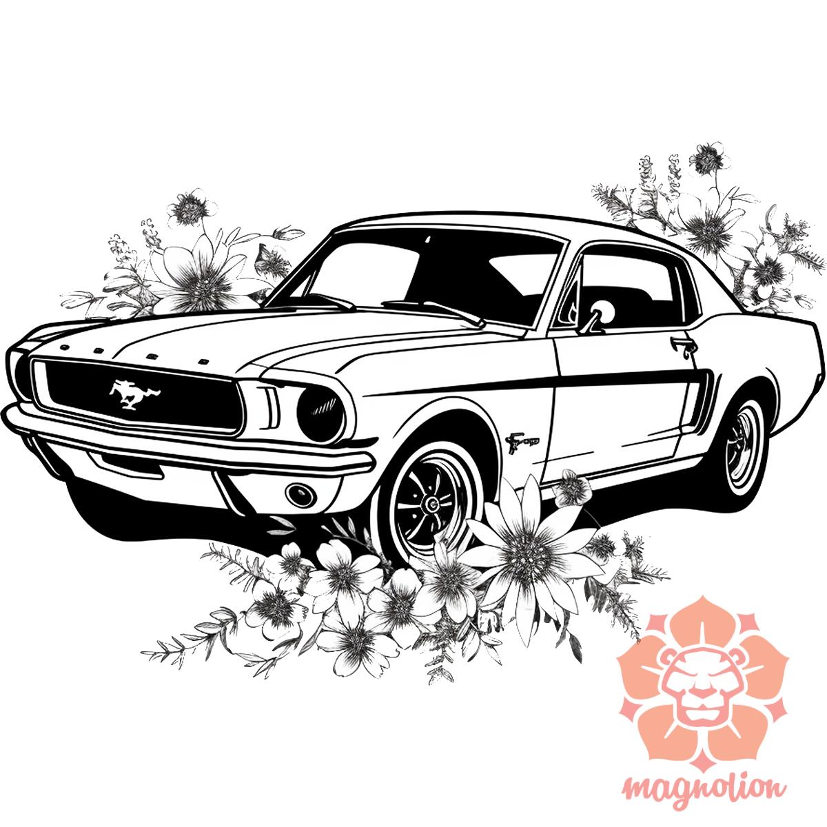 Mustang és virágok rajz v2 egyedi póló 