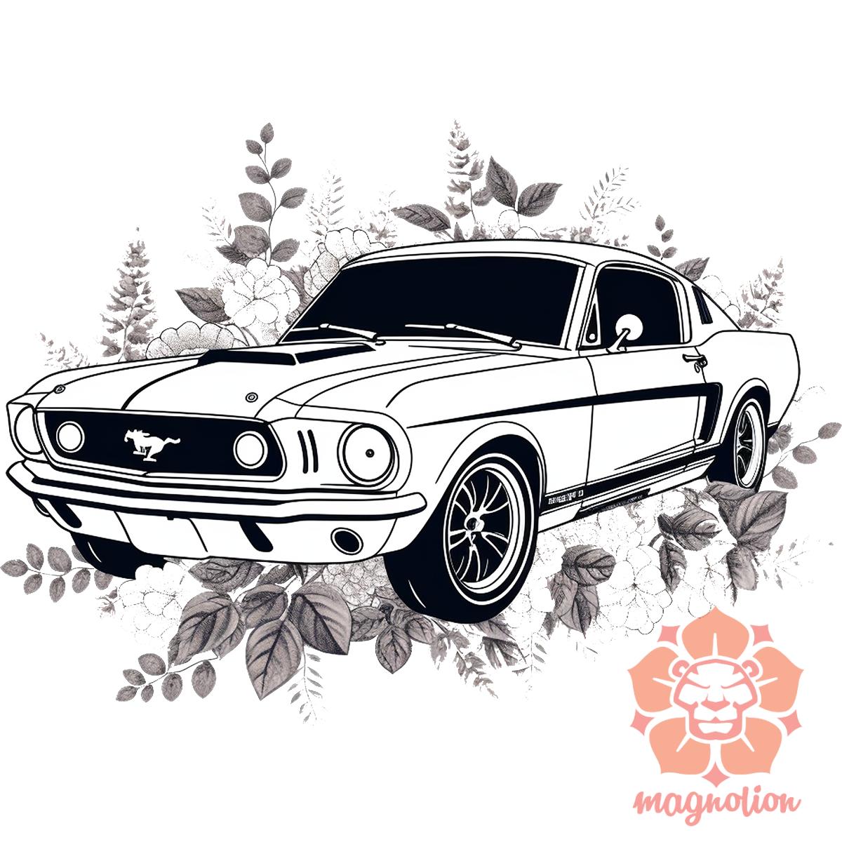 Mustang és virágok rajz v4 egyedi póló 